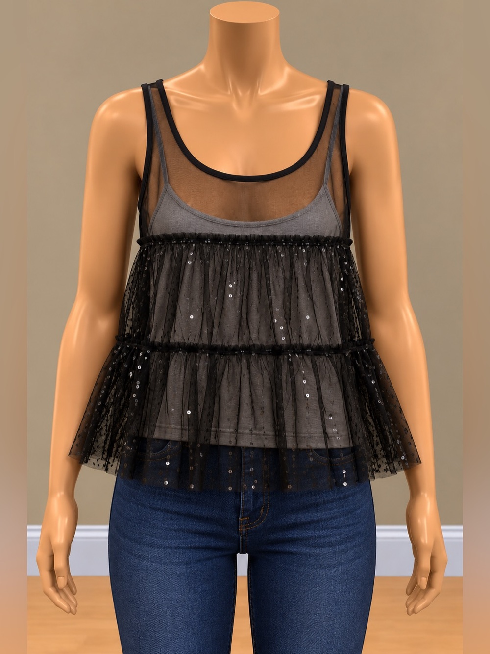 American Eagle Black Sequin Sheer Mesh Tiered Babydoll Tank Top Y2K